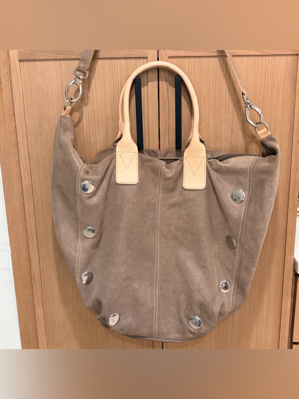 Fall Suede 🍁 Pulicati Taupe Shoulder Bag with Light Tan Handles